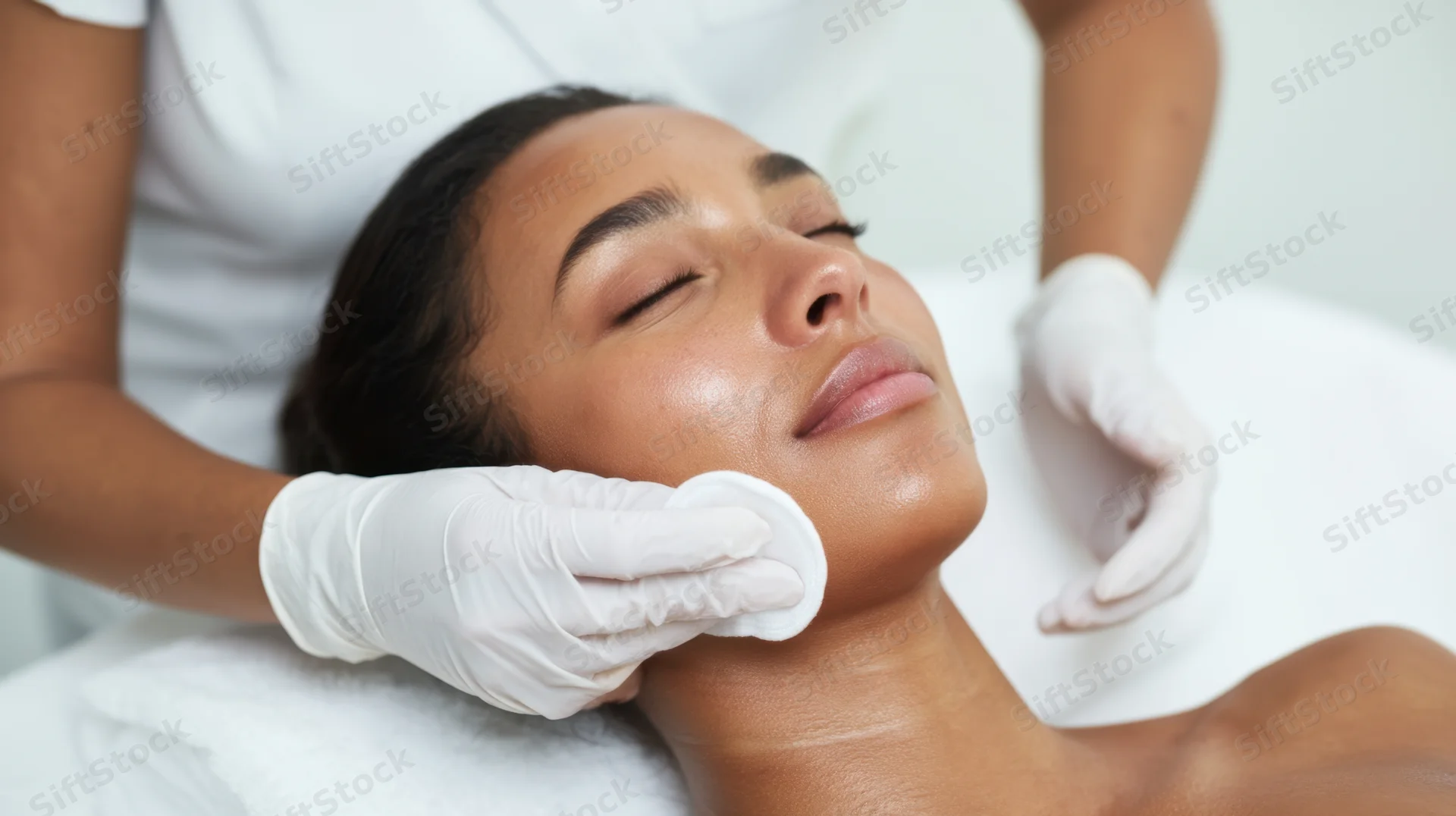 Woman receiving facial treatment in spa setting with esthetician using cotton pad and gloves