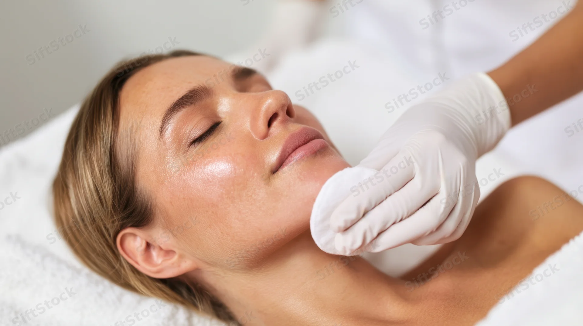 Woman receiving facial treatment in spa setting with esthetician using cotton pad on her face