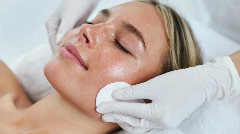 Woman receiving facial treatment in spa setting with gloved hands using cotton pad on face