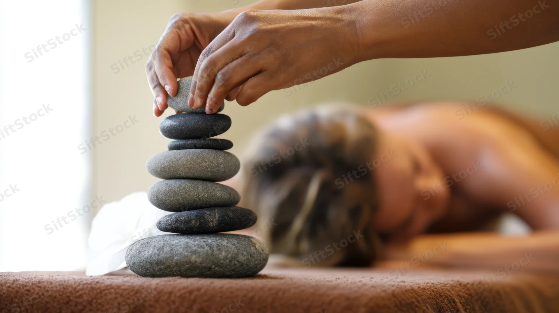 Hands balancing smooth river stones on massage table beside a woman lying face down