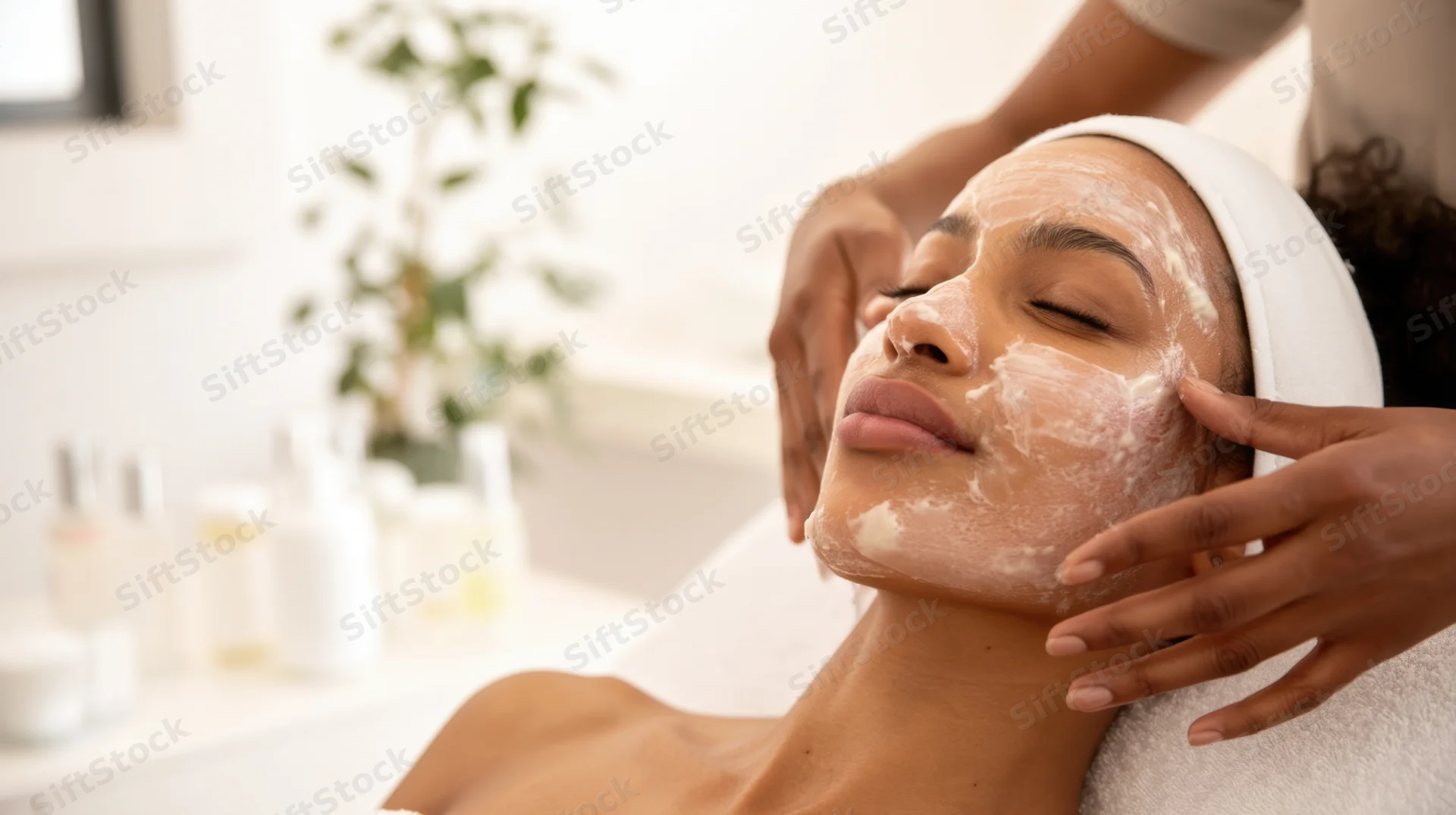 Woman receiving facial treatment in spa setting with cream applied to face