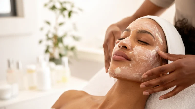 Woman receiving facial treatment in spa setting with cream applied to face
