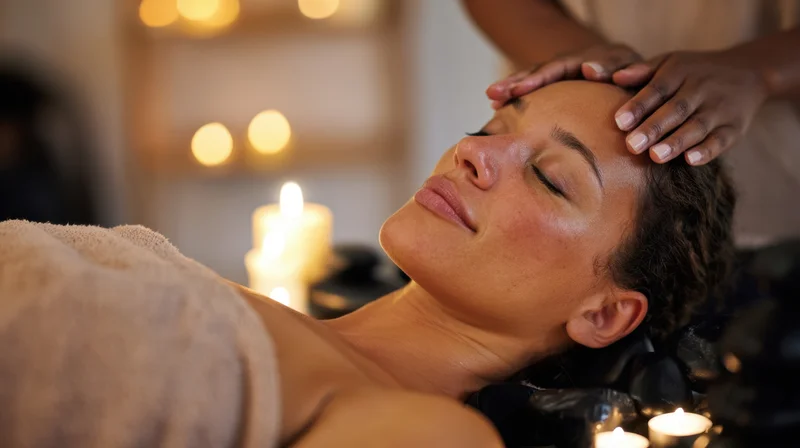 Woman receiving head massage with hot stones and candles in spa setting
