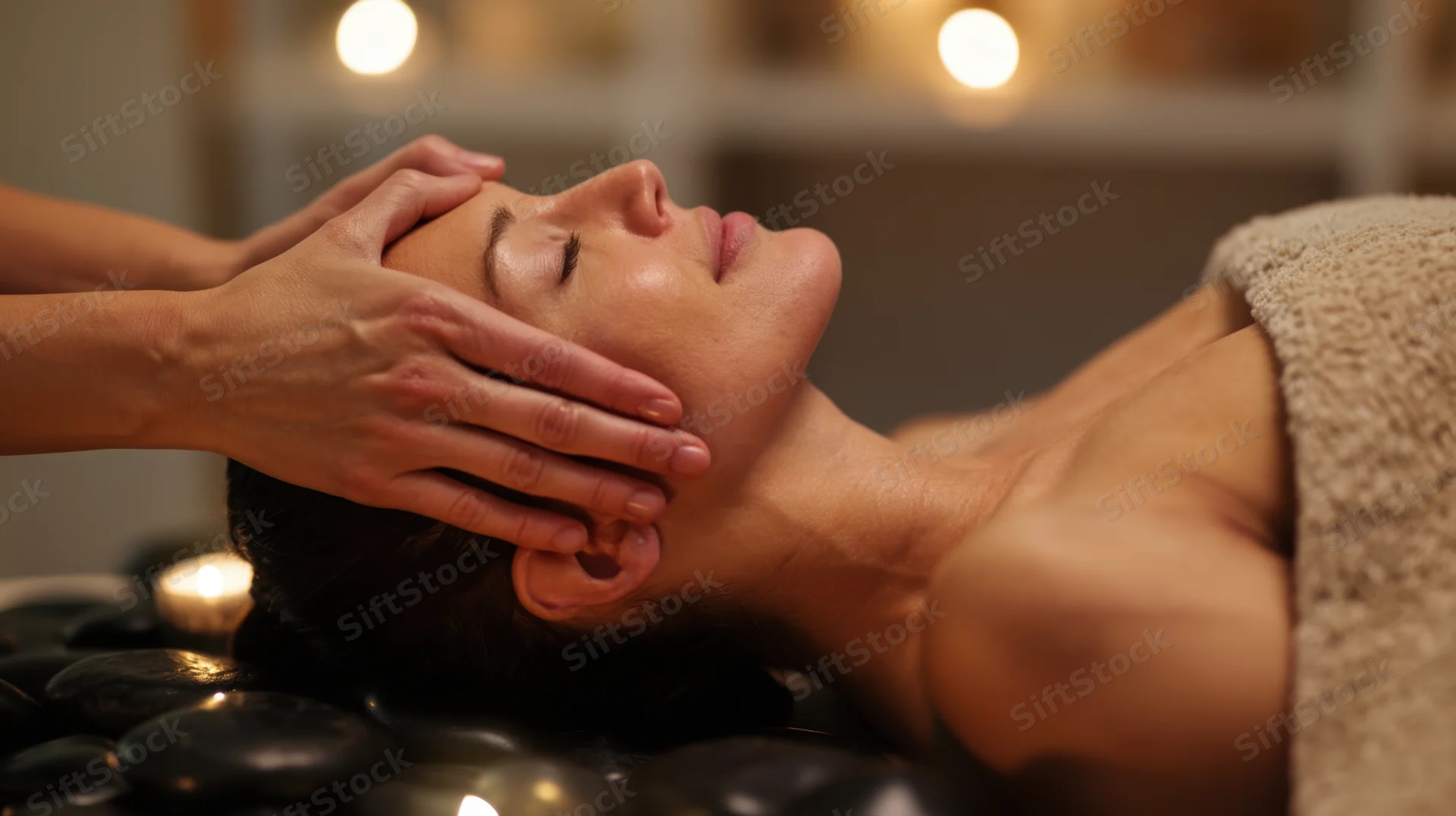 Woman receiving facial massage with hot stones in a spa setting