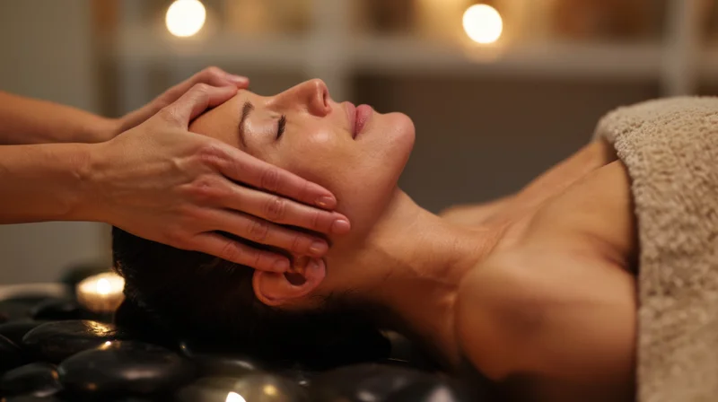 Woman receiving facial massage with hot stones in a spa setting