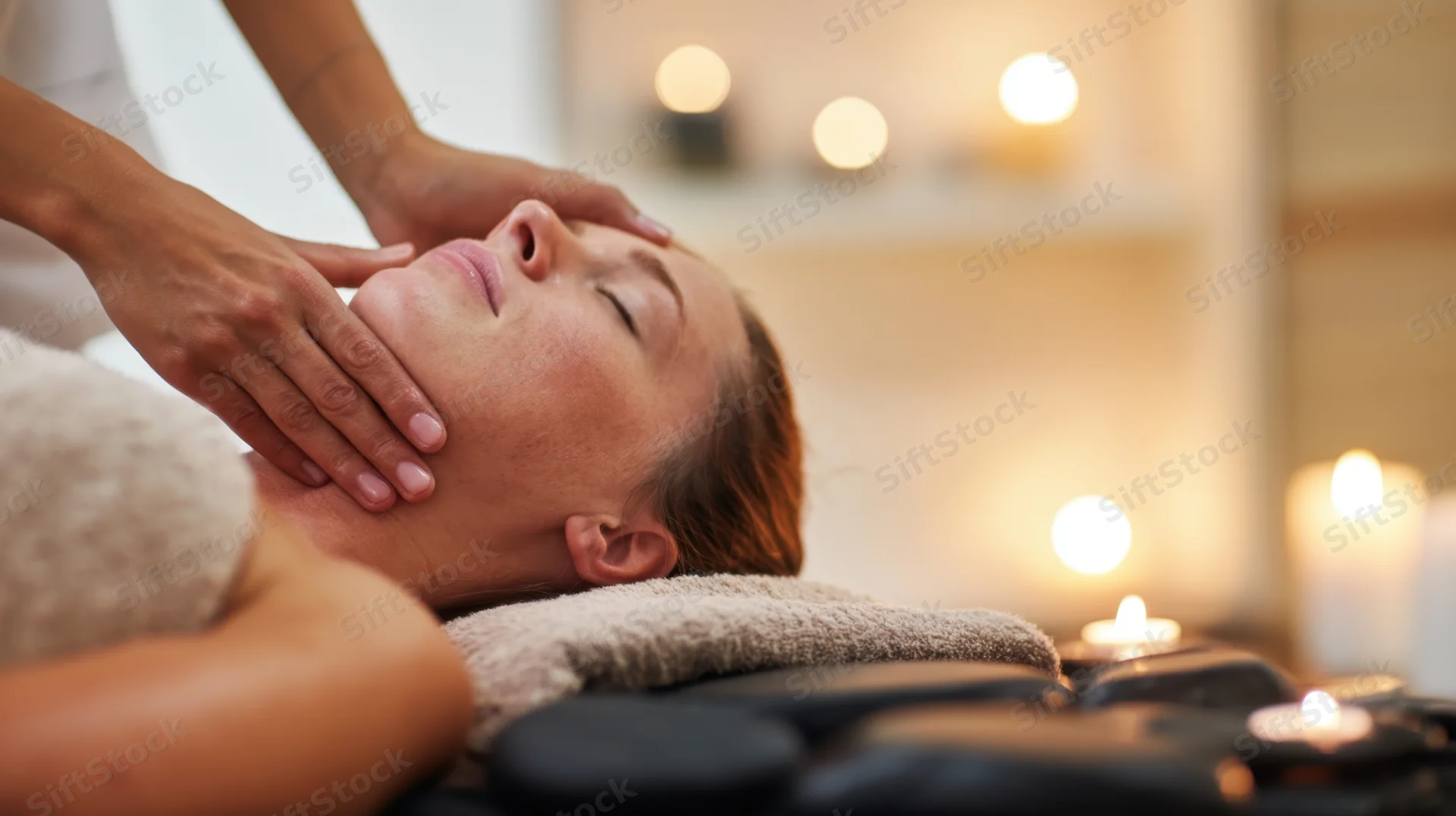 Woman receiving neck and facial massage in a spa with candles and warm lighting