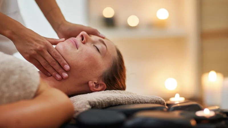 Woman receiving neck and facial massage in a spa with candles and warm lighting