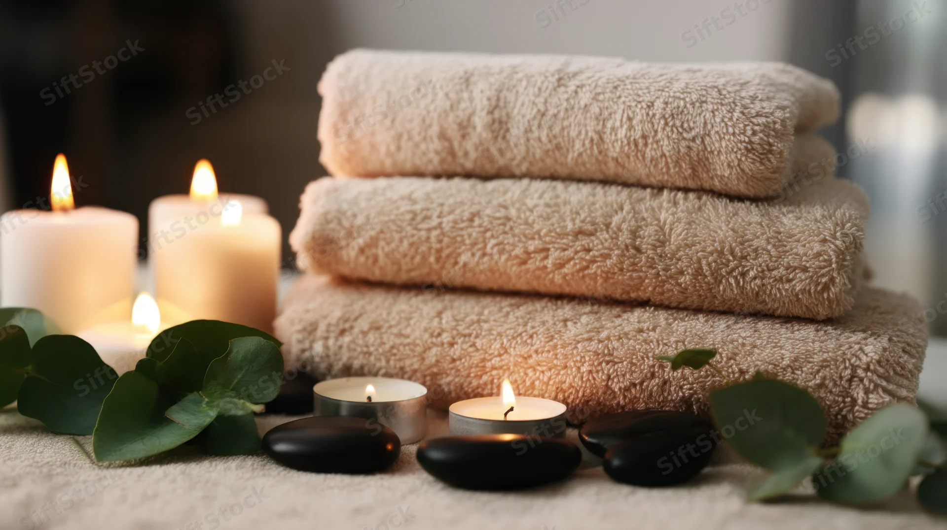 Three stacked beige towels with lit candles, smooth black stones, and eucalyptus leaves arranged on a textured surface in a spa setting