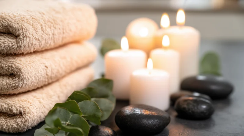 Neatly stacked beige towels beside lit candles, smooth black stones, and eucalyptus leaves on a dark surface in a spa setting