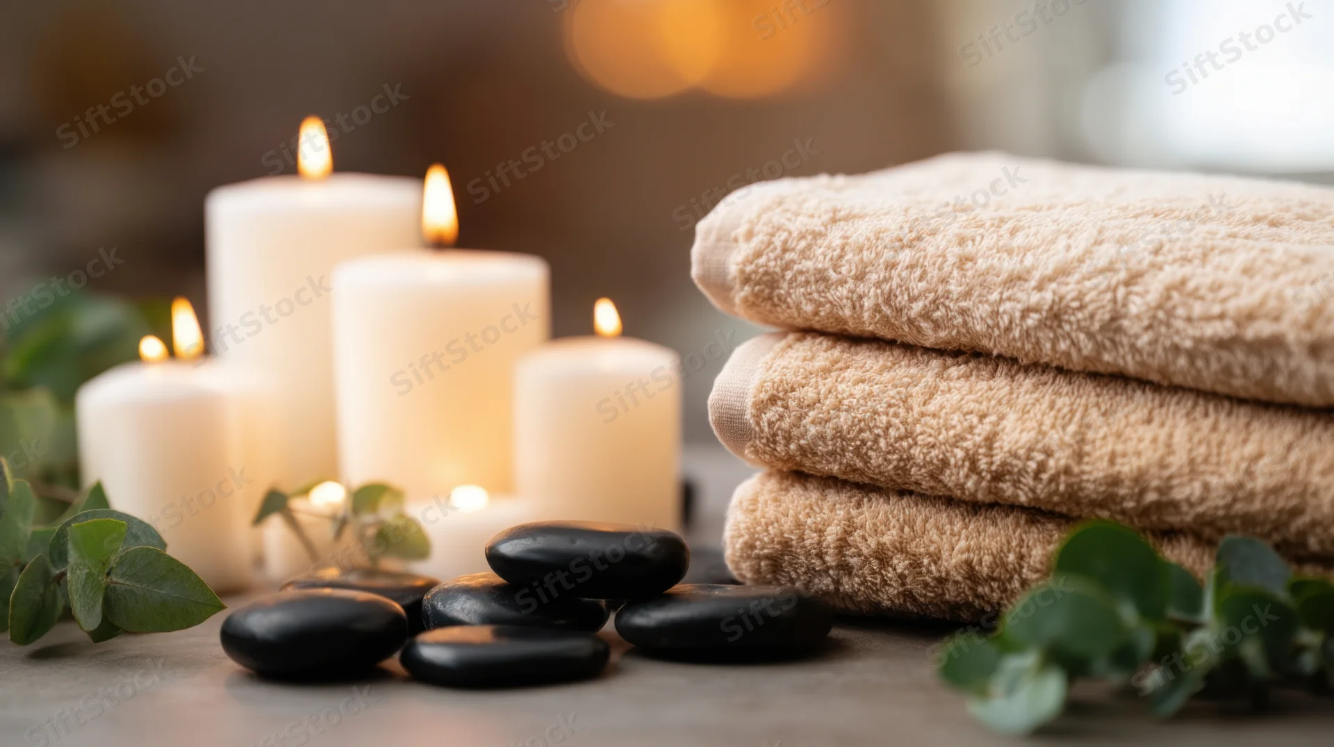 Stacked beige towels beside lit white candles and black stones with eucalyptus leaves on a spa table