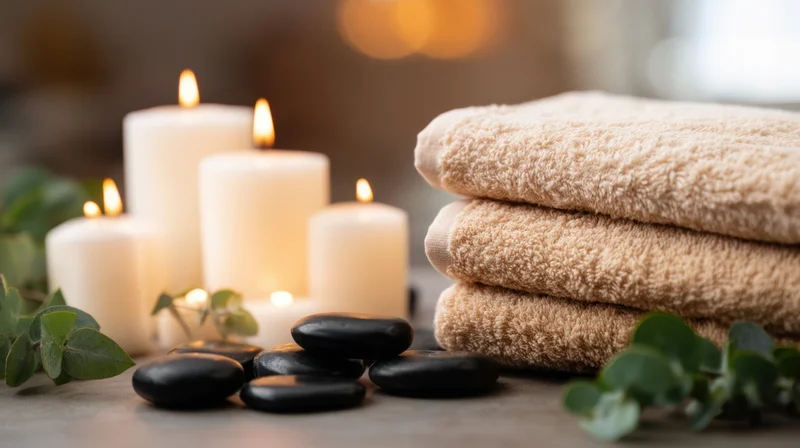 Stacked beige towels beside lit white candles and black stones with eucalyptus leaves on a spa table