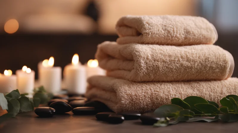 Three folded beige towels stacked on a table with lit candles, smooth black stones, and eucalyptus leaves in a spa setting