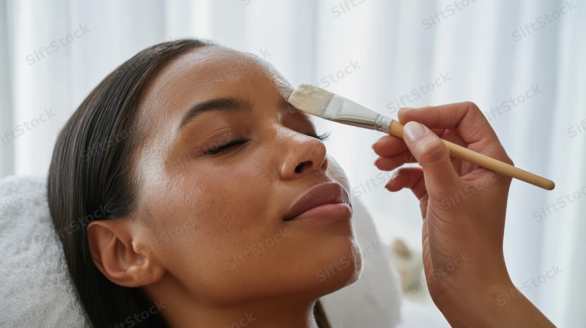 Woman receiving facial treatment with brush applying cream at spa
