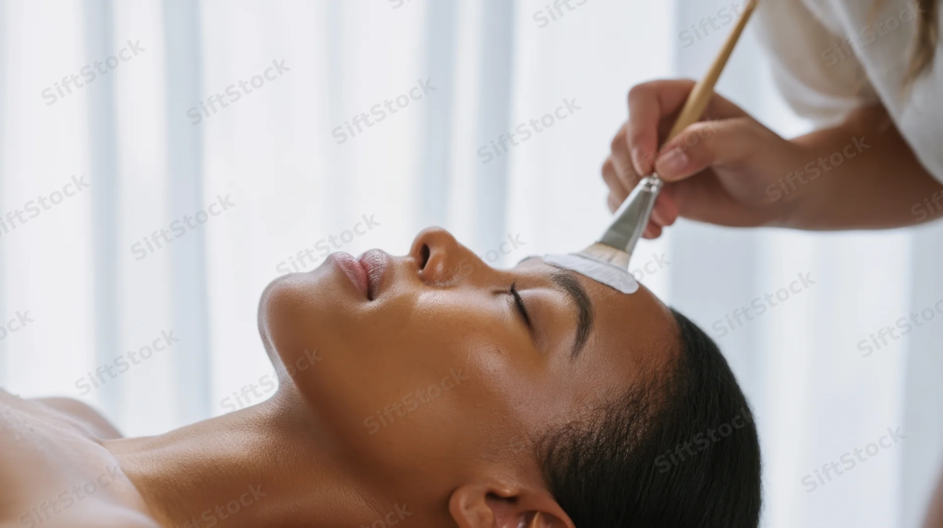 Woman receiving facial treatment with brush applying cream at spa