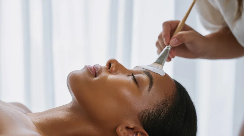 Woman receiving facial treatment with brush applying cream at spa