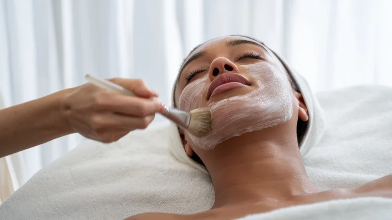 Serene spa treatment scene featuring a woman receiving a facial