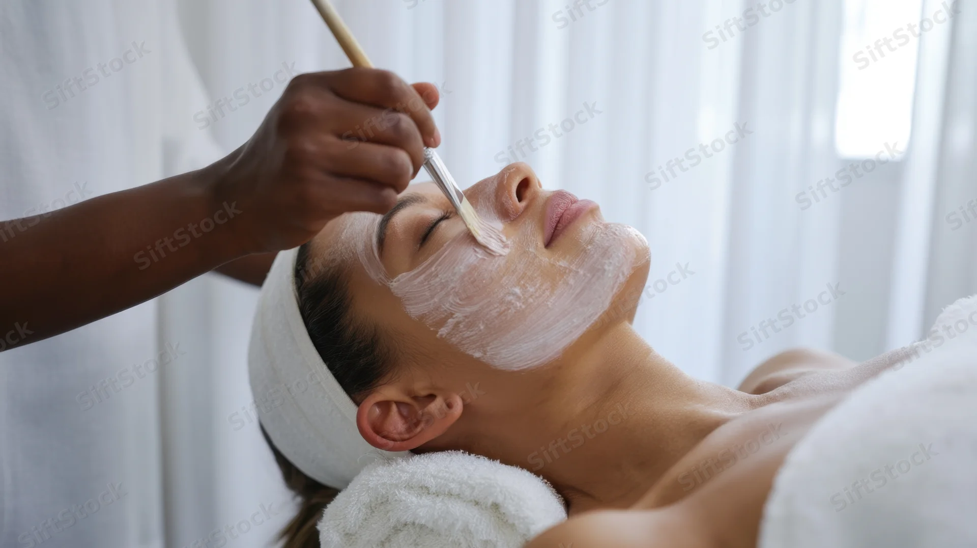 Woman receiving facial mask application at spa