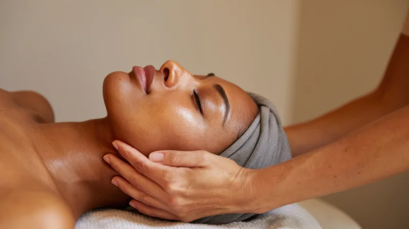 Woman receiving neck massage with hands on her face and towel wrapped around her head in spa setting
