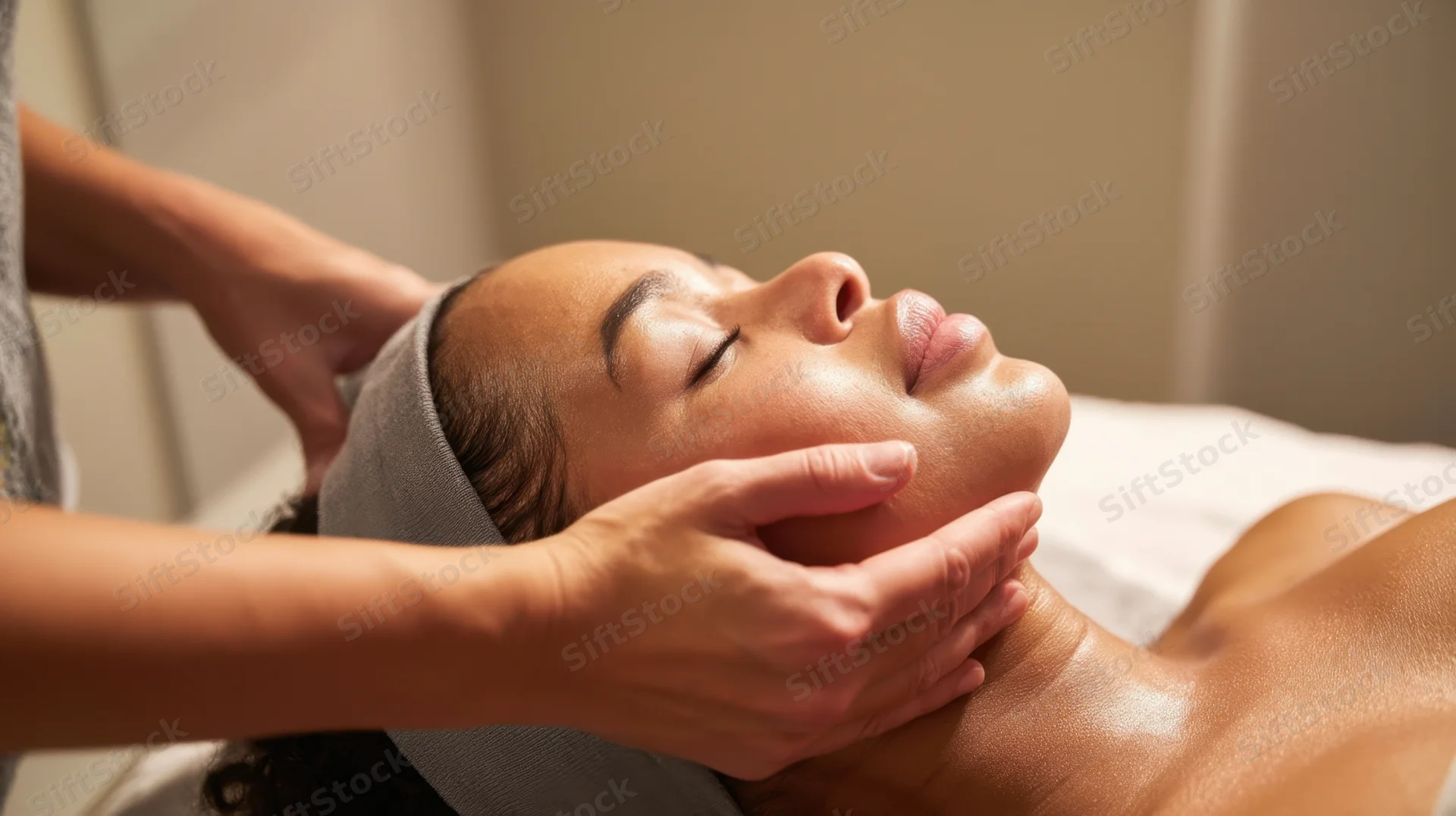 Woman receiving facial and neck massage in spa setting