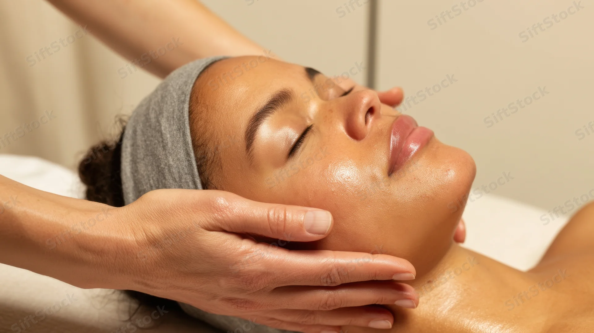 Woman receiving facial massage in spa treatment room