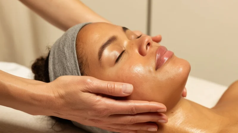 Woman receiving facial massage in spa treatment room