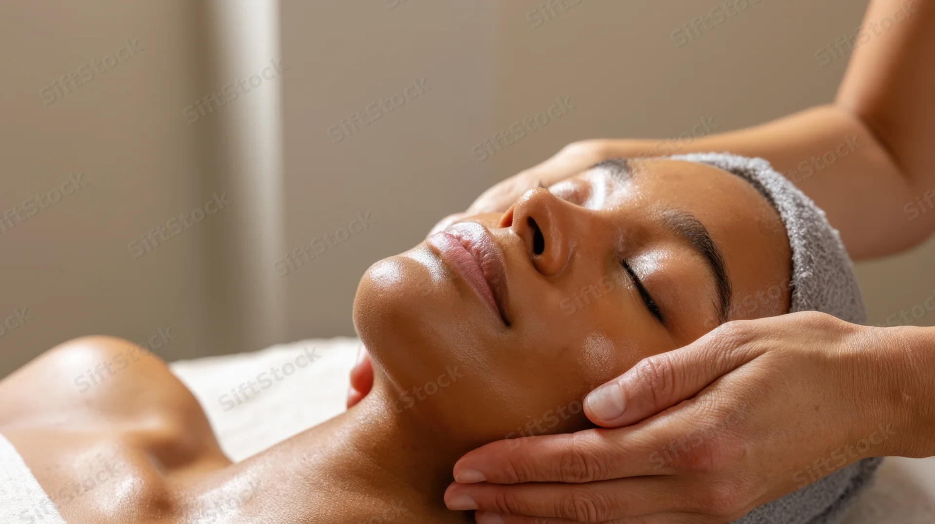 Woman receiving facial massage with hands on her face and neck in spa setting