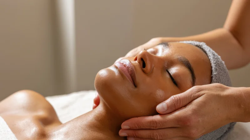 Woman receiving facial massage with hands on her face and neck in spa setting