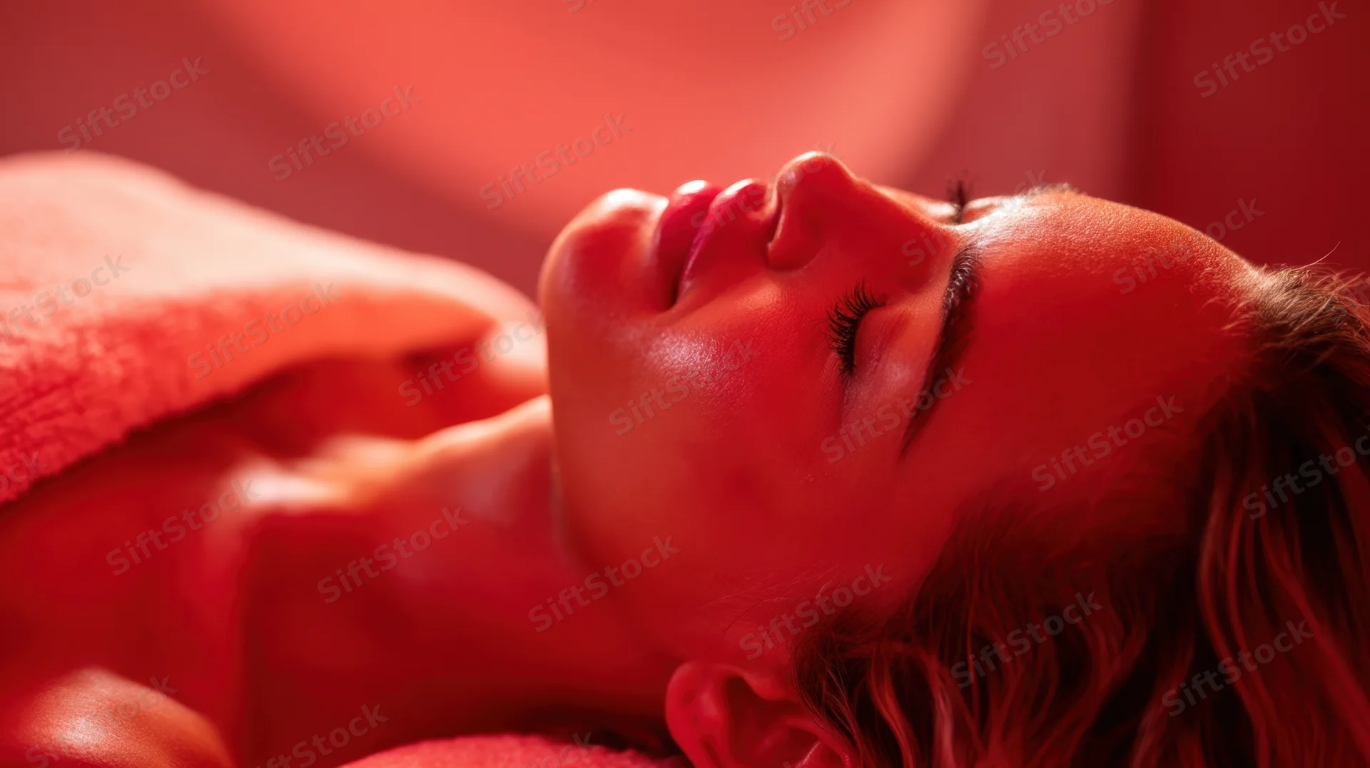 Woman lying on treatment table in spa setting with eyes closed under red ambient light
