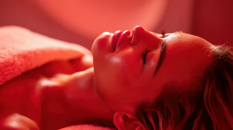 Woman lying on treatment table in spa setting with eyes closed under red ambient light