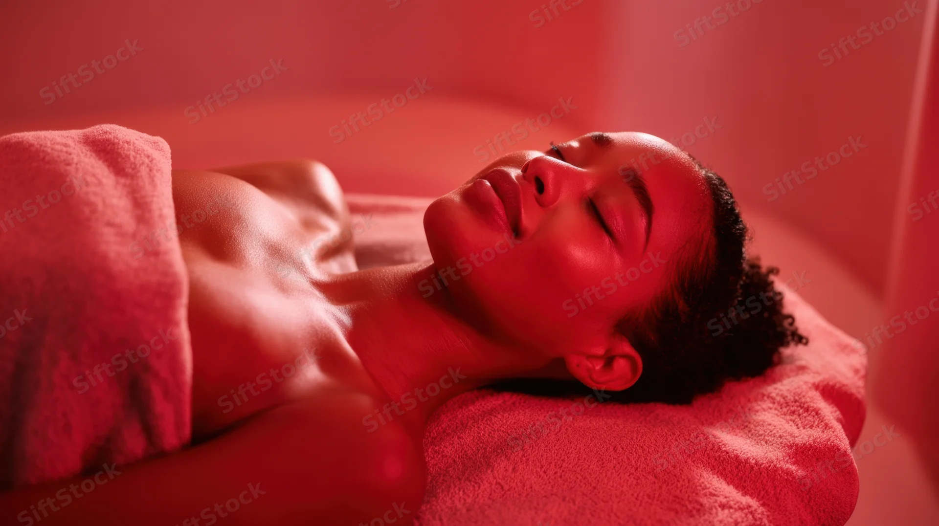 Woman lying on treatment table in spa setting with red lighting and towel under head