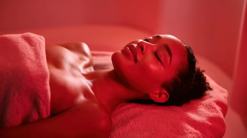 Woman lying on treatment table in spa setting with red lighting and towel under head