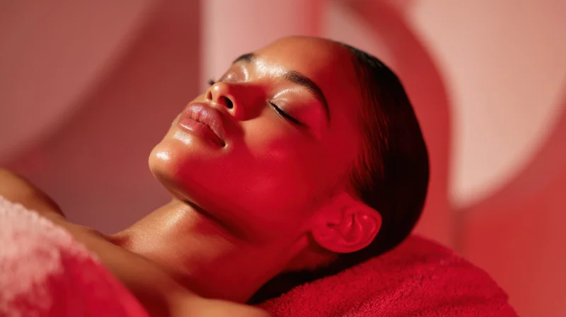 Woman lying on treatment table in spa with eyes closed and towel draped over her shoulders
