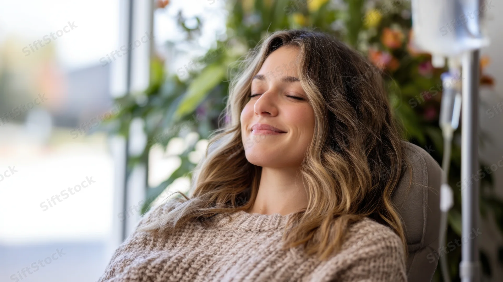 Young woman smiling with eyes closed while sitting in a comfortable chair indoors near a window with plants and an iv drip stand beside her