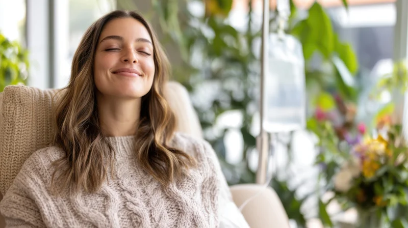Young woman smiling with eyes closed while sitting in a cozy knit sweater in a plant-filled living room