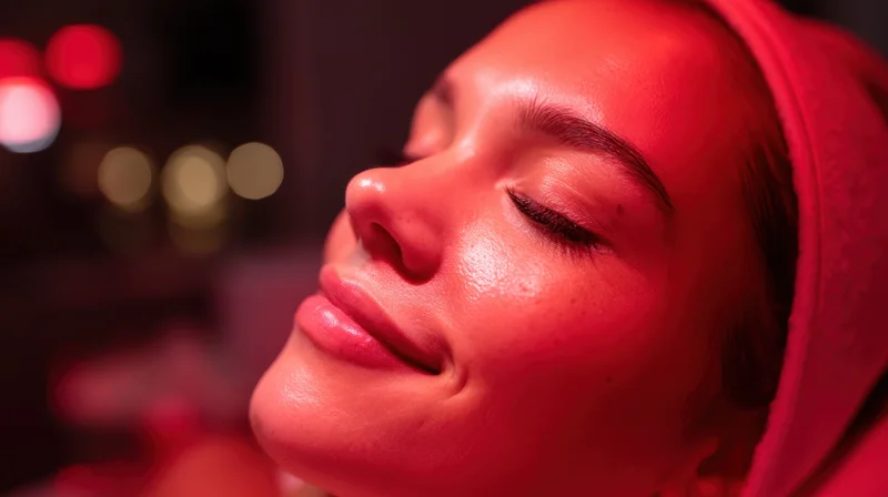 Young woman receiving facial treatment with red light therapy in spa setting
