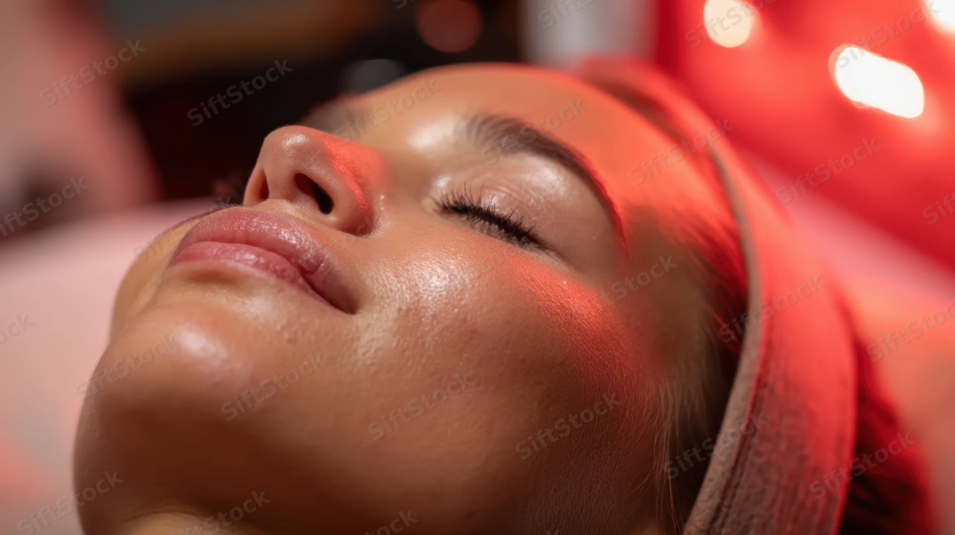 Young woman receiving red light facial treatment in spa setting