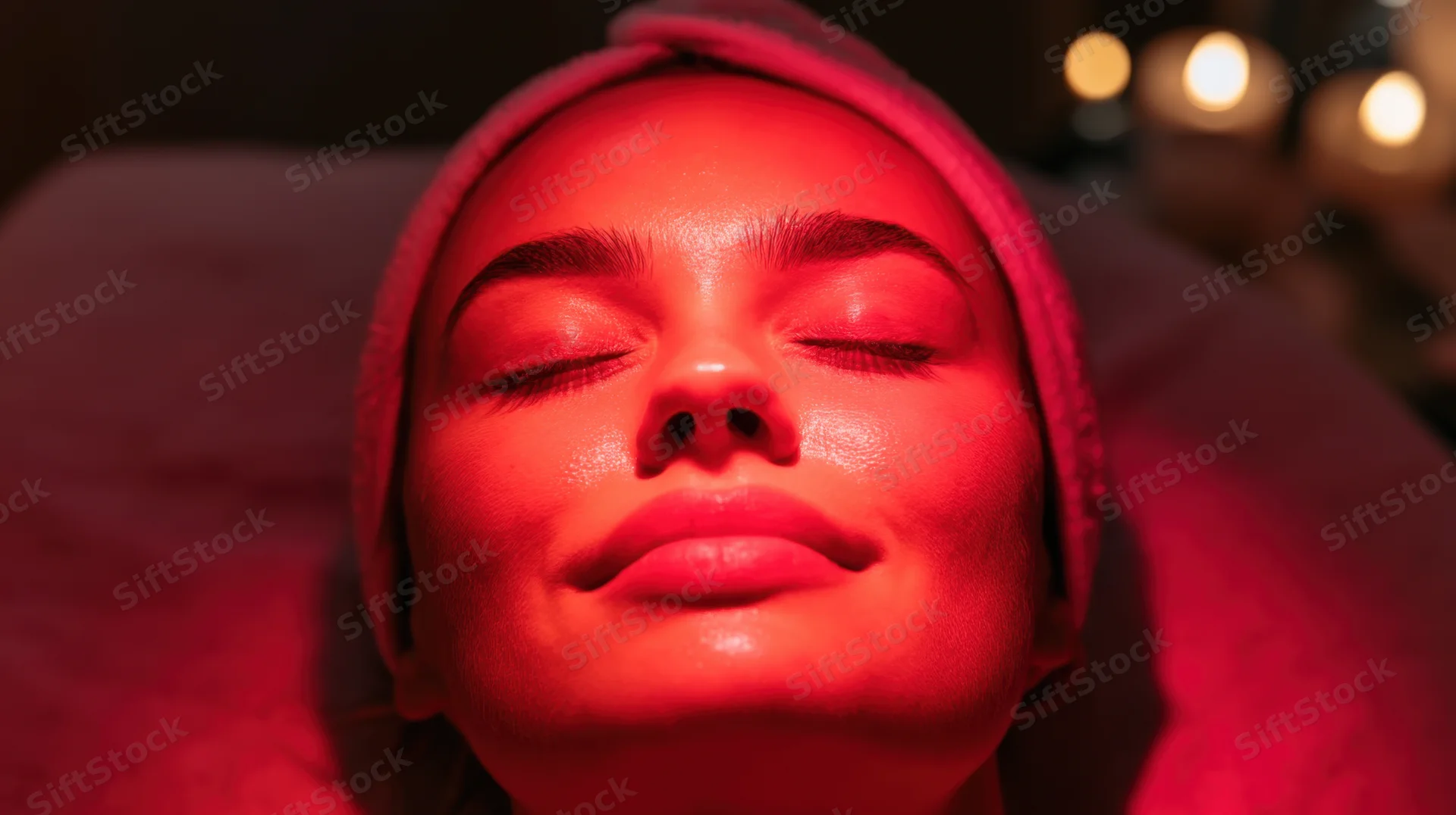 Young woman receiving red light facial treatment in spa setting