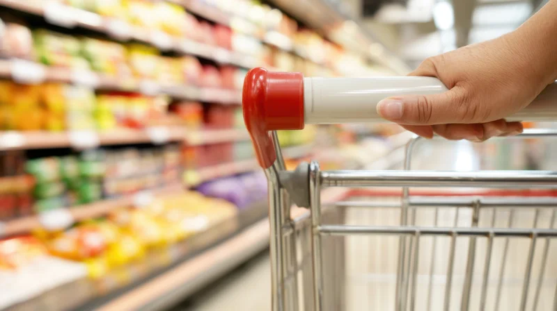 Hand gripping shopping cart handle in supermarket aisle