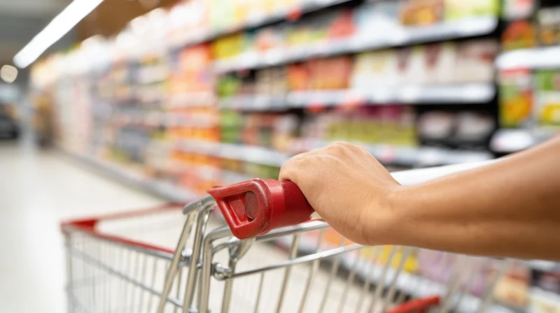 Hand gripping red handle of shopping cart in grocery store aisle