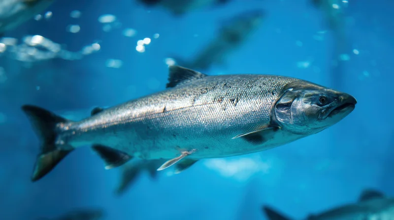 Silver salmon swimming in clear blue aquarium water