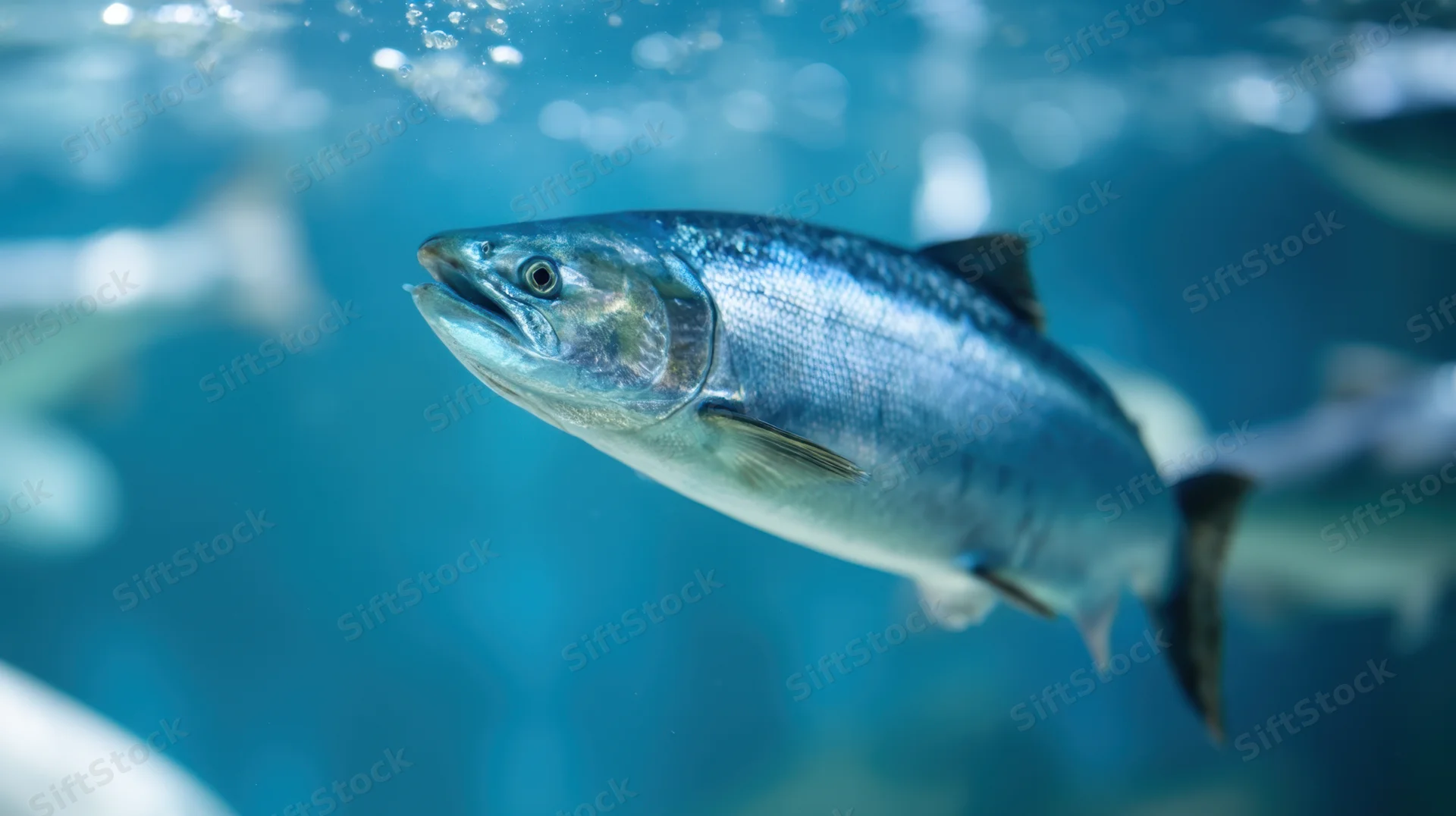 Silver salmon swimming in clear blue aquarium water