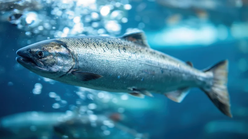 Silver salmon swimming gracefully through clear blue water with bubbles rising around it