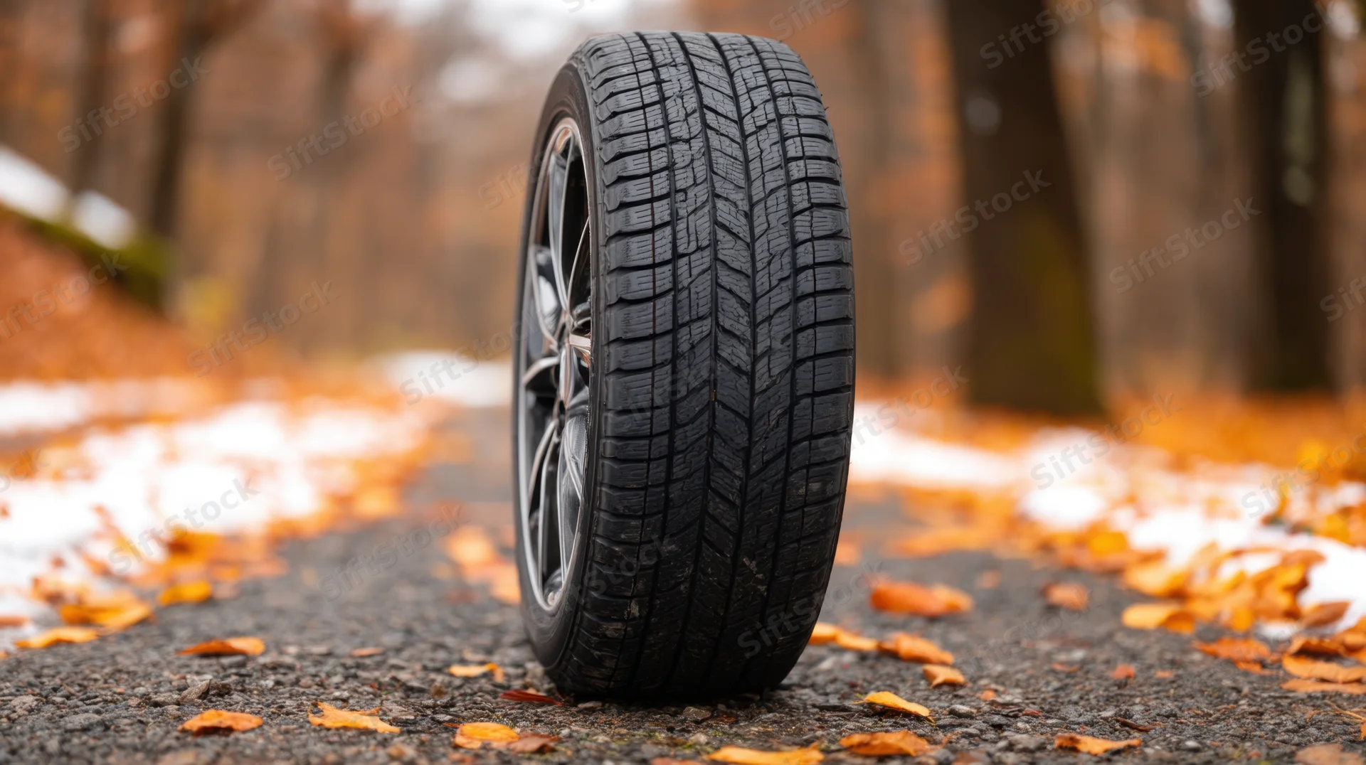 Single automobile tire standing upright on a gravel road scattered with autumn leaves and patches of snow in a forest setting