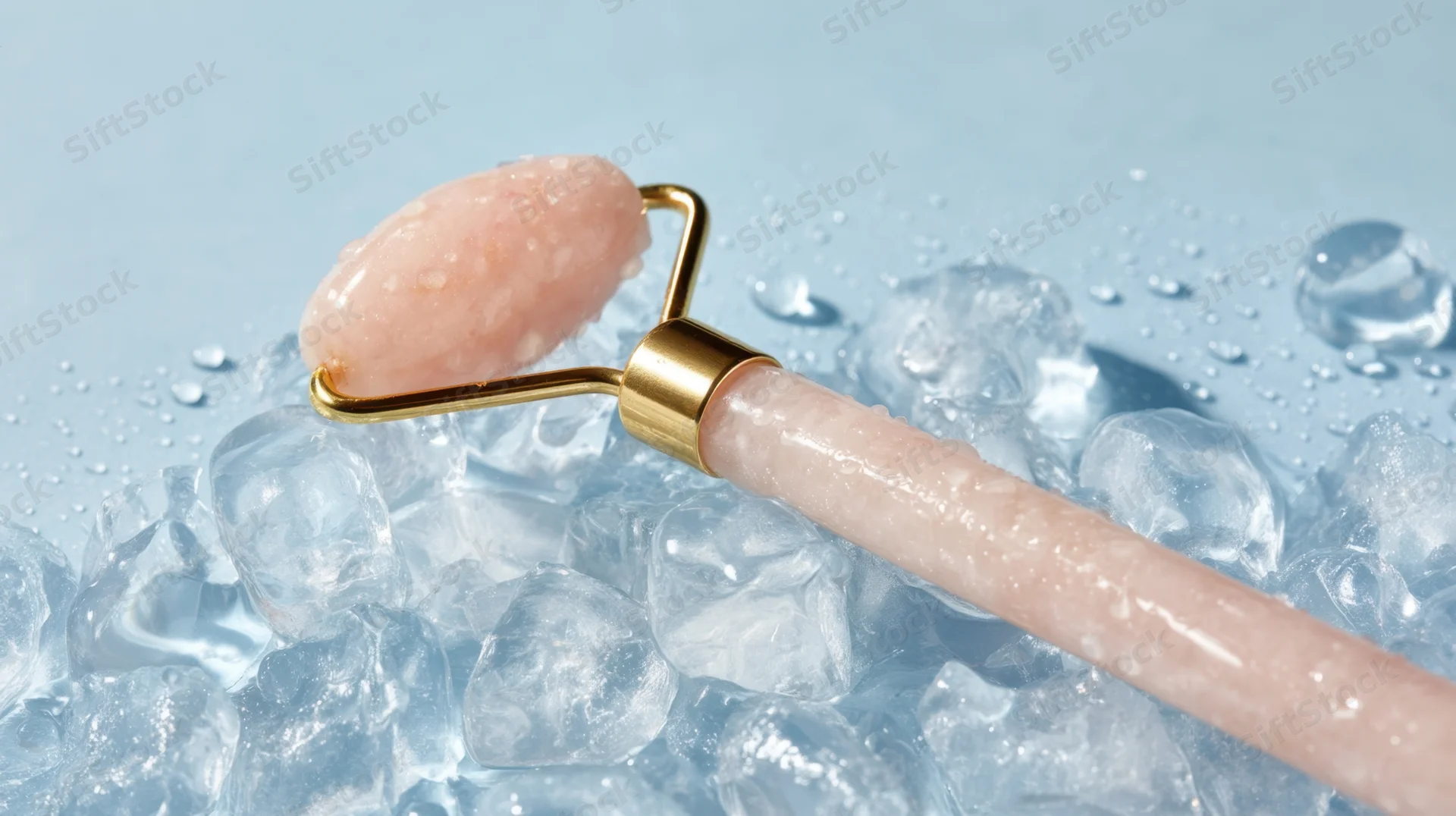 Pink jade roller resting on ice cubes with water droplets on light blue surface