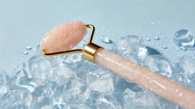 Pink jade roller resting on ice cubes with water droplets on light blue surface