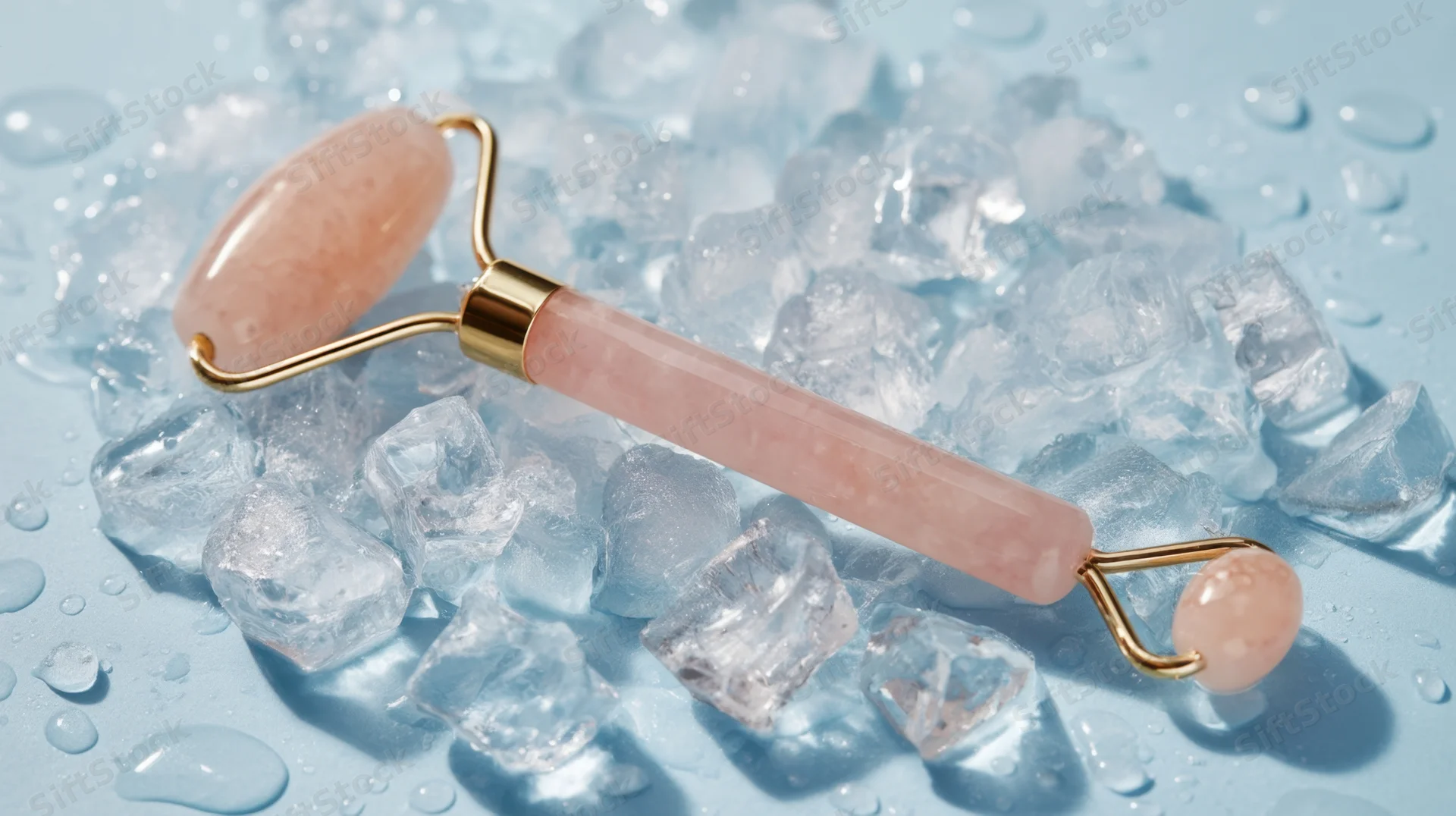 Pink jade facial roller resting on ice cubes on a light blue surface