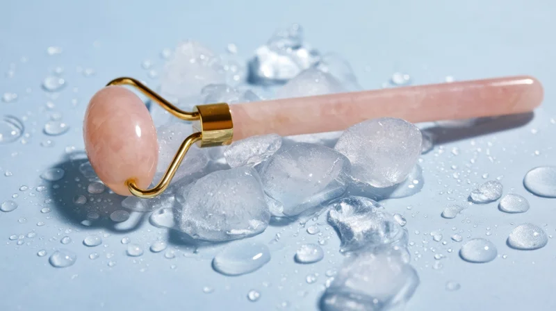 Pink jade facial roller resting on ice cubes on a blue surface