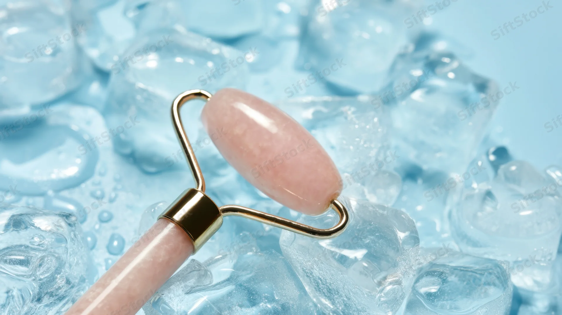 Pink jade facial roller resting on ice cubes with gold metal frame
