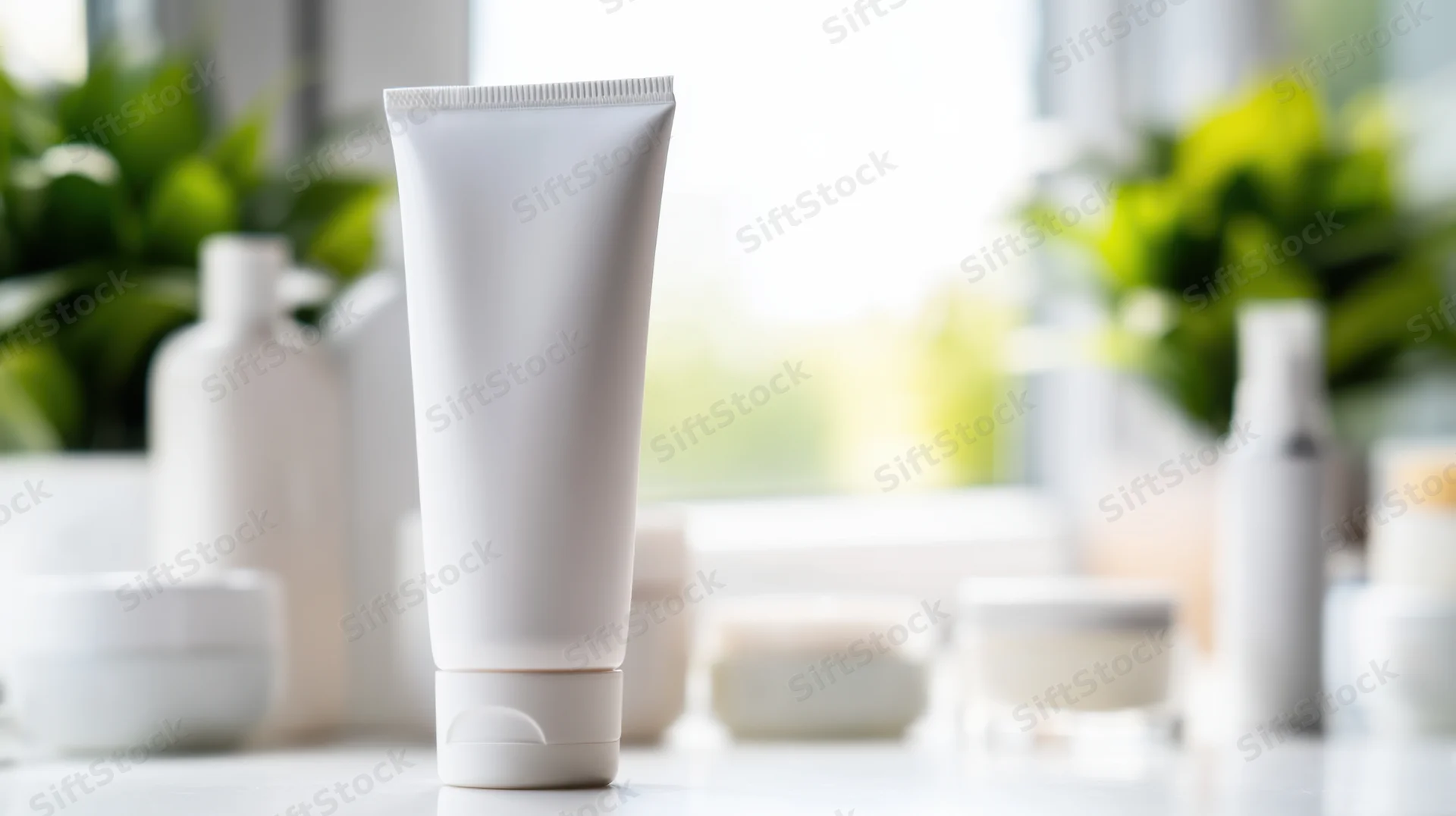 White cosmetic tube standing upright on a bathroom countertop with blurred green plants and natural light in background