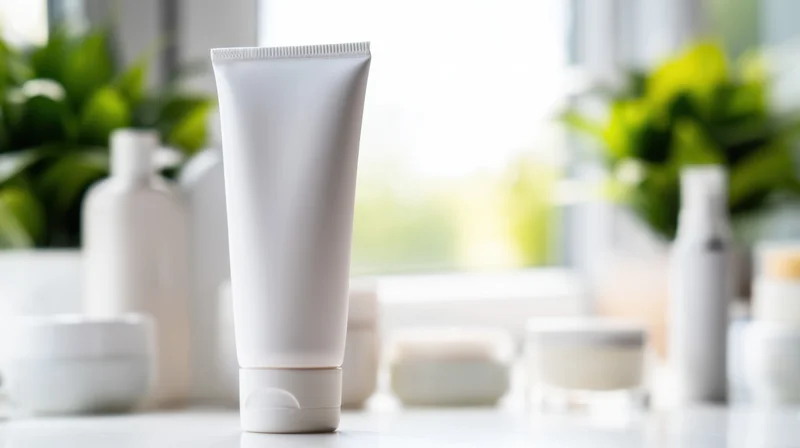 White cosmetic tube standing upright on a bathroom countertop with blurred green plants and natural light in background